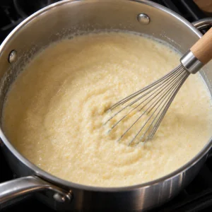 Grits mescolati con una frusta in casseruola