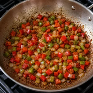 Peperoni e cipolla che cuociono in padella