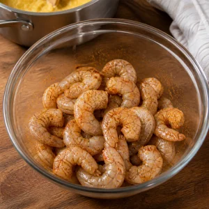 Gamberi crudi con spezie cajun in una ciotola