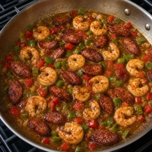 Gamberi e andouille che sobbollono nella salsa