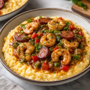 Gamberi e andouille serviti sui grits caldi