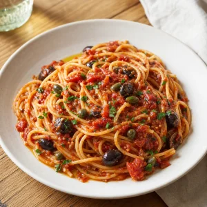 Finished spaghetti alla puttanesca in a bowl with olives, capers, and parsley.