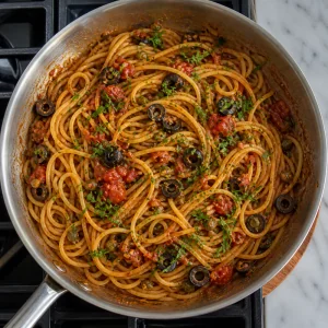 Fresh parsley folded into sauced spaghetti in the skillet.