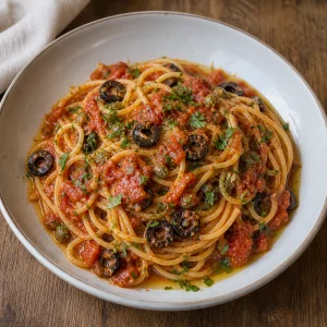 Hot spaghetti alla puttanesca served with parsley and olive oil.