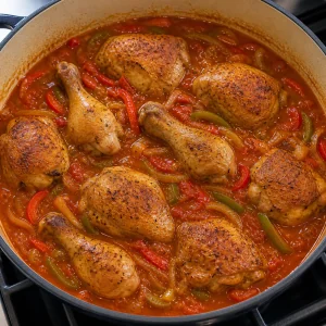 Pollo rosolato adagiato nella salsa di pomodoro e peperoni