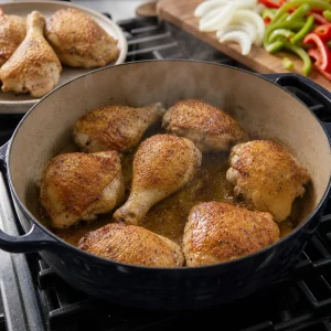 Pollo che rosola con la pelle verso il basso in casseruola