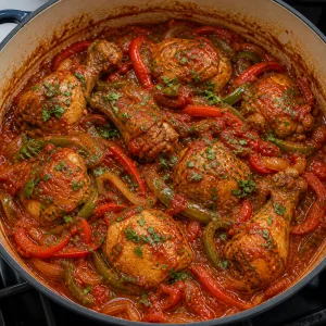 Pollo al chilindrón pronto guarnito con prezzemolo in pentola