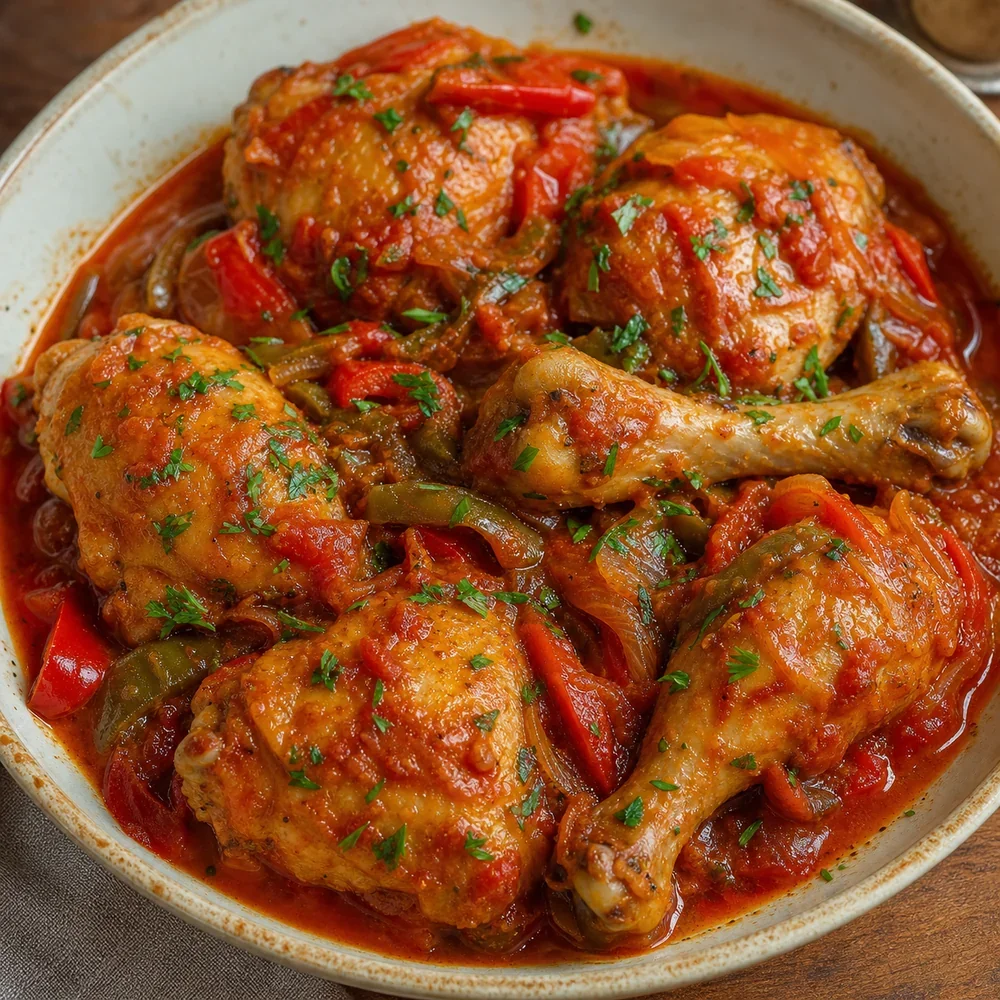Pollo al chilindrón pronto con peperoni in salsa di pomodoro
