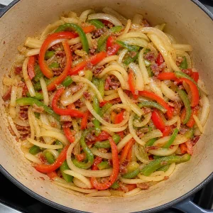 Cipolle e peperoni rosso e verde che si ammorbidiscono in pentola