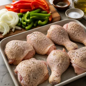 Pollo crudo condito con sale e pepe accanto a verdure tagliate