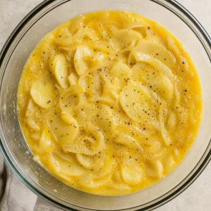 Beaten eggs mixed with potatoes and onion in a bowl