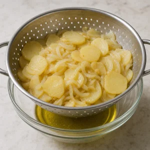Cooked potatoes and onion draining in a colander over a bowl