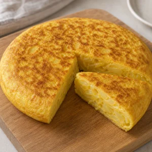 Cooked Spanish tortilla resting with sliced wedges