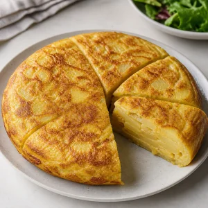 Finished Spanish tortilla cut into wedges on a plate