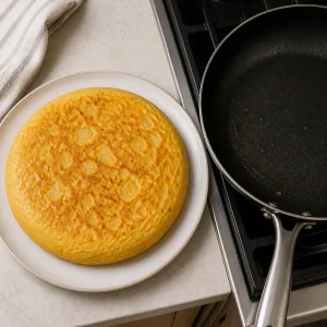 Partly cooked tortilla inverted onto a plate beside the skillet
