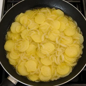 Potato slices and onion cooking gently in olive oil