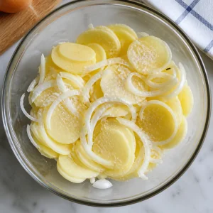 Sliced potatoes and onion seasoned with salt in a bowl