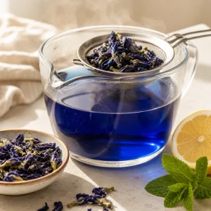 Infuso blu intenso di pisello farfalla con fiori
