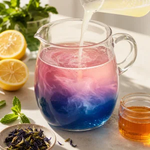 Succo di limone che vira il te blu in rosa e viola