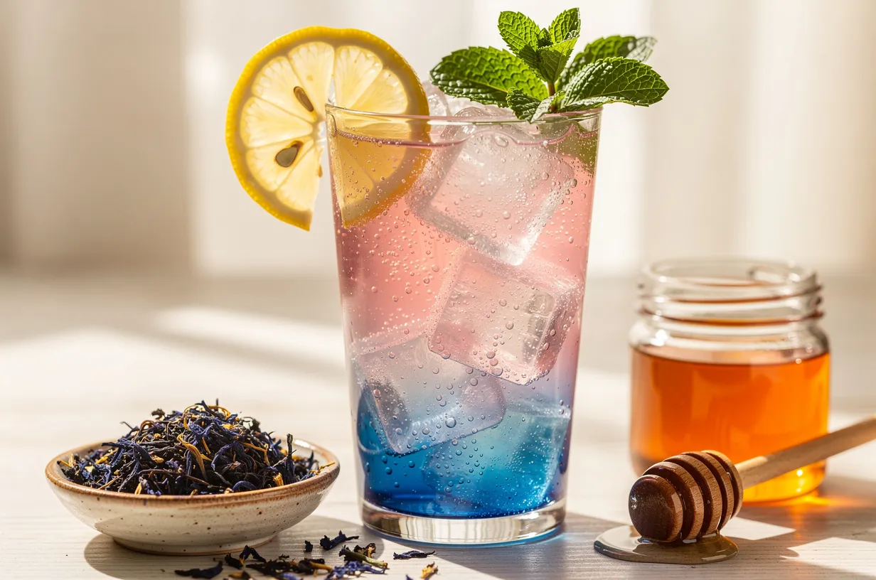 Sparkling Butterfly Pea Flower Lemonade with Honey & Mint
