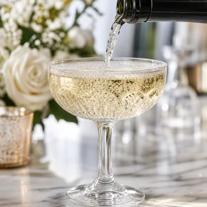 Gekuehlter Prosecco wird in den Holunder-Gin-Cocktail gegossen, feine Blasen steigen auf