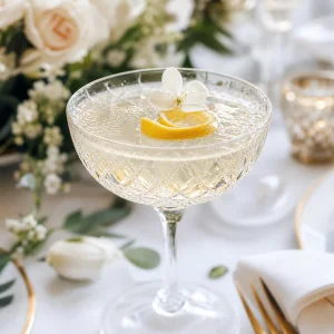 Fertiger gekuehlter spritziger Holunder-Gin-Cocktail, bereit zum Servieren bei einer Hochzeit