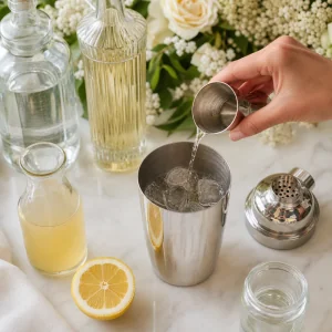 Gin Holunderbluetenlikoer Zitronensaft Zuckersirup und Eis im Cocktailshaker vorbereitet