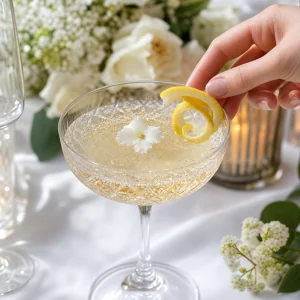 Spritziger Holunder-Gin-Cocktail garniert mit Zitronenzeste und zarter weisser essbarer Blume