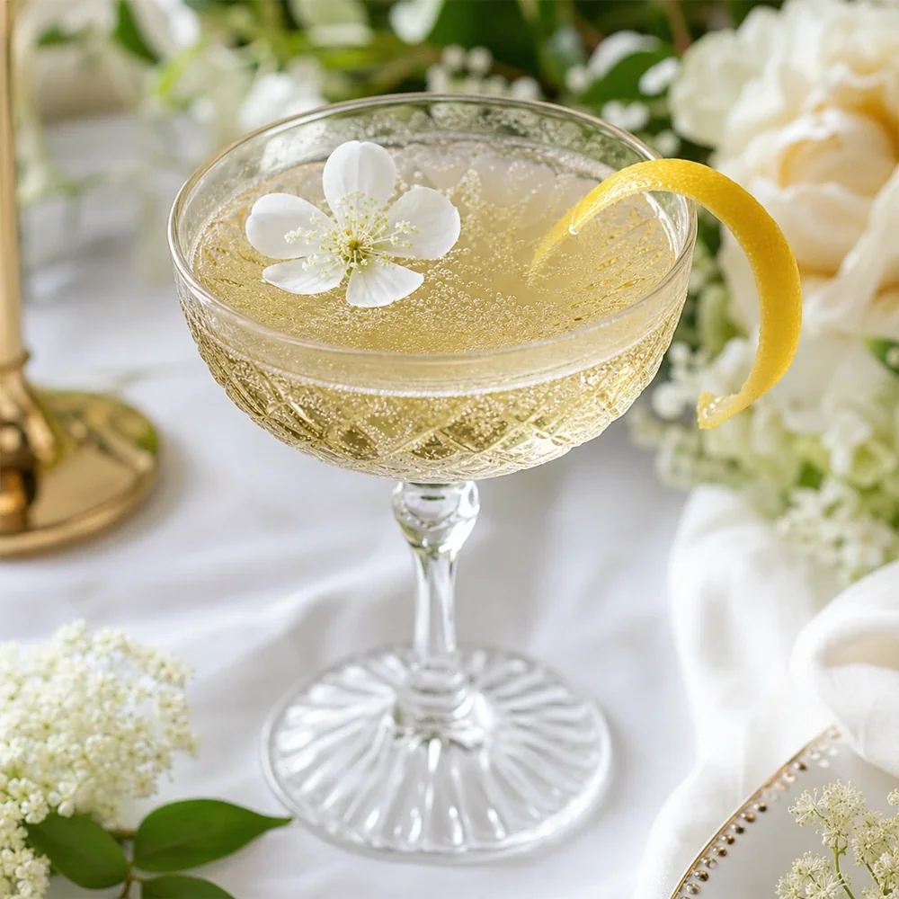 Coctel espumoso de ginebra y flor de sauco con twist de limon y flor comestible para un brindis de boda