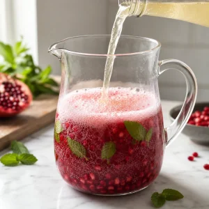 Chilled ginger beer poured into pomegranate mocktail mixture with bubbles rising