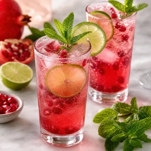 Finished pomegranate ginger mocktail garnished with lime wheel fresh mint and arils