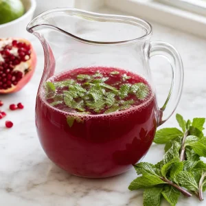 Fresh mint leaves added to a pitcher of pomegranate lime juice