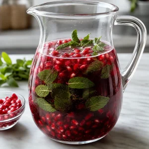 Pomegranate arils floating in a pitcher with mint and ruby pomegranate juice