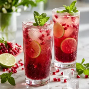 Sparkling pomegranate ginger mocktails with fresh mint lime and pomegranate arils