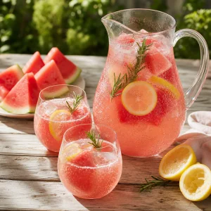 Limonata frizzante all’anguria e rosmarino in caraffa e bicchieri