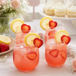 Finished strawberry lemonade mocktails garnished with lemon wheels and strawberry slices
