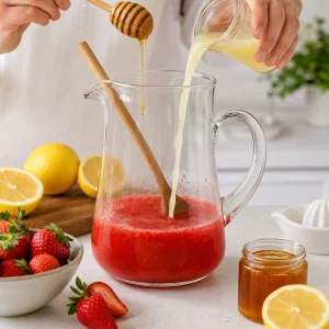 Fresh lemon juice and honey being added to strawberry juice in a pitcher
