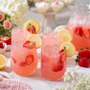 Sparkling strawberry lemonade mocktails with lemon wheels and strawberry slices for a baby shower