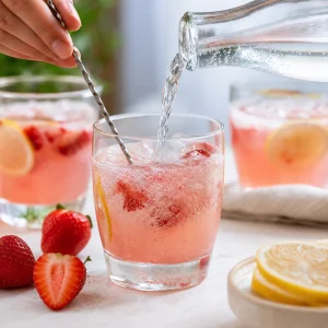 Sparkling water poured into a pink strawberry lemonade glass with visible bubbles