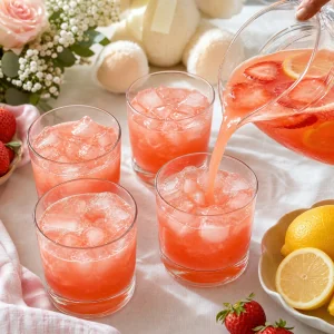 Strawberry lemon mixture poured into four ice-filled glasses