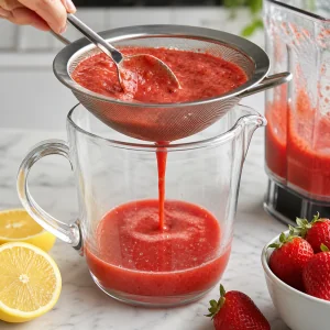 Strawberry puree being strained through a fine mesh sieve into a glass pitcher