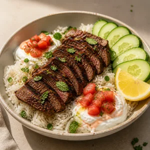 Готовый боул с пряной говядиной, рисом и йогуртово-томатной сальсой