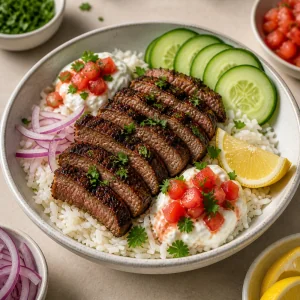 Боул с рисом, нарезанной говядиной, сальсой, огурцом и лимоном