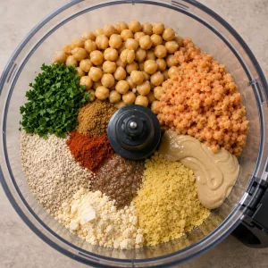 Ciecierzyca, soczewica, tahini, ziola i przyprawy w malakserze