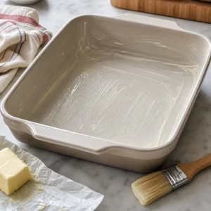 A buttered rectangular baking pan ready for brownie batter.