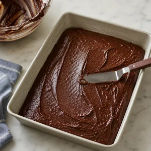 Brownie batter being smoothed in a prepared baking pan.