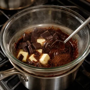 Chocolate and butter melting in a bowl set over simmering water.