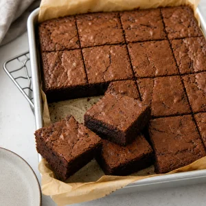 Cooled brownies cut into neat squares in the pan.