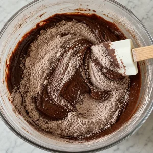 Dry ingredients being folded into chocolate batter with a spatula.