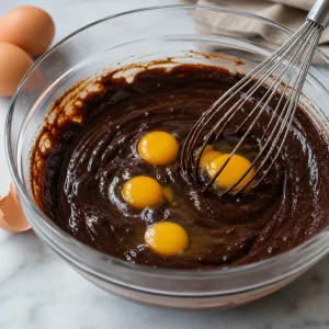 Eggs being whisked into glossy chocolate brownie batter.